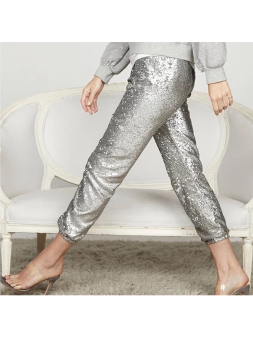 NWT David Lerner Silver Sequin Jogger Pants Medium